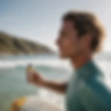 A surfer applying sunscreen before heading into the water