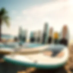 Different types of paddle boards displayed on a sunny beach