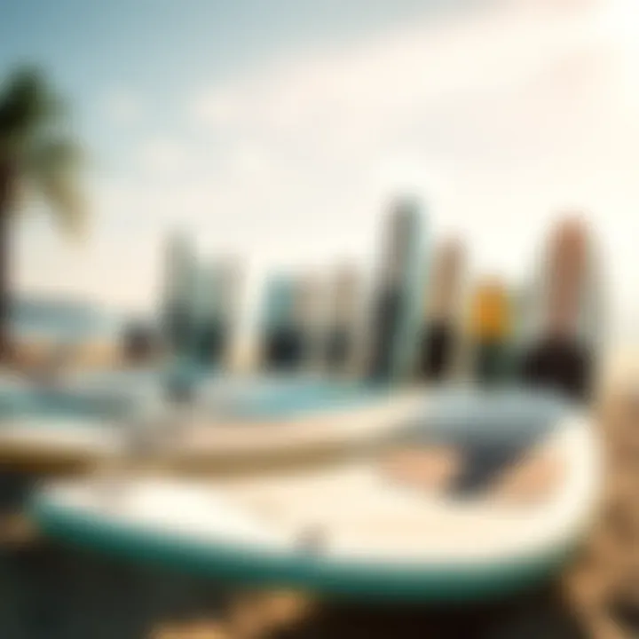 Variety of Paddle Board Types Different types of paddle boards displayed on a sunny beach