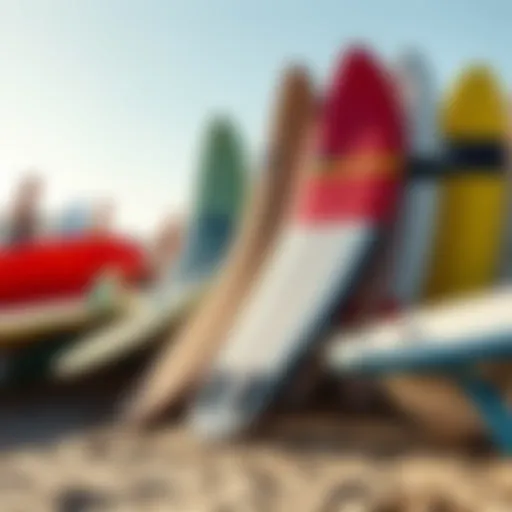 Different types of surfboards displayed on the beach