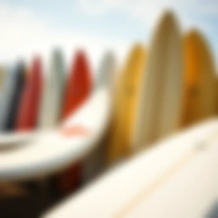 Comparison of Short Foam and Traditional Surfboards Group of surfboards including short foam and traditional types