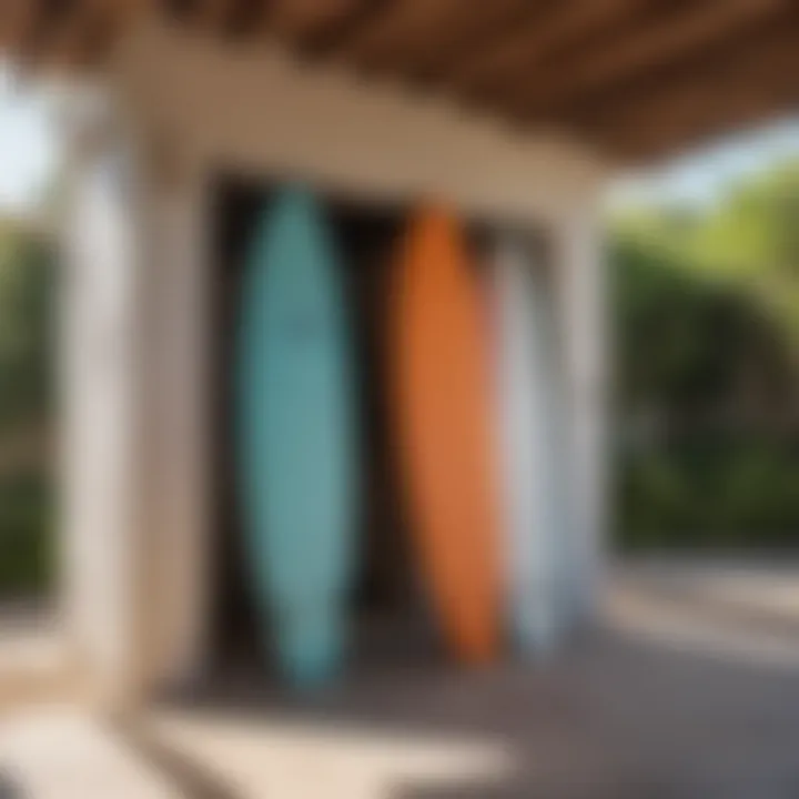 Surfboards stored in a shaded outdoor area