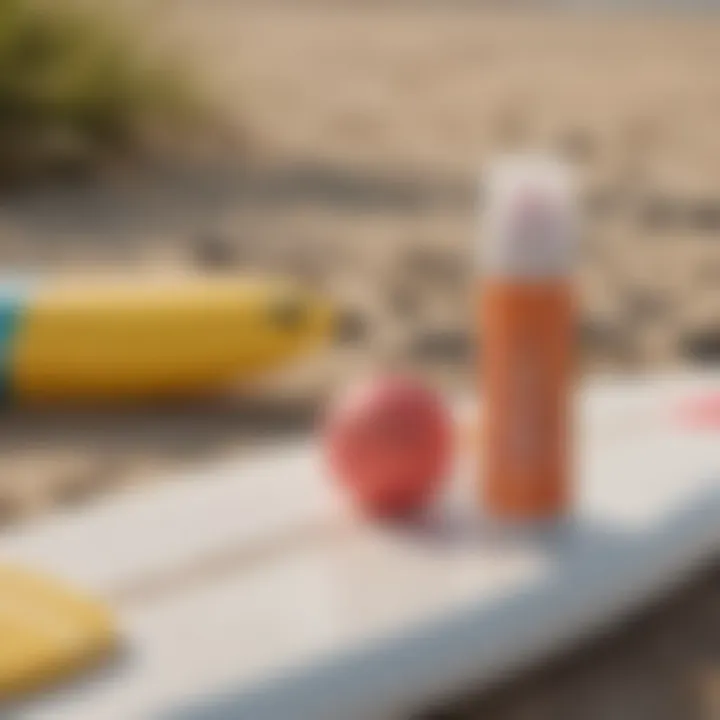 Sun Bum lip balm next to surfboard and beach essentials