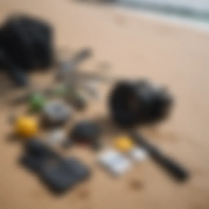 Various surf fishing gear laid out on the sand