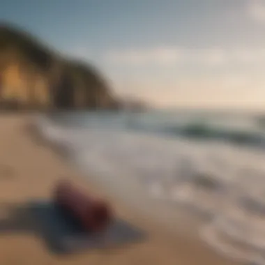 A serene ocean view with a yoga mat by the water's edge