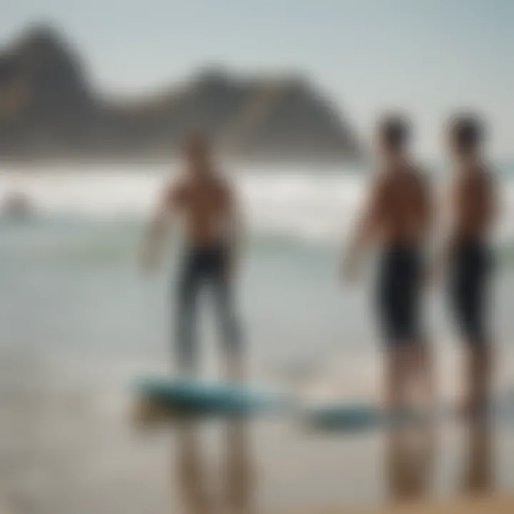 A surf instructor giving lessons to eager learners at the beach near Jack's Surf Shop