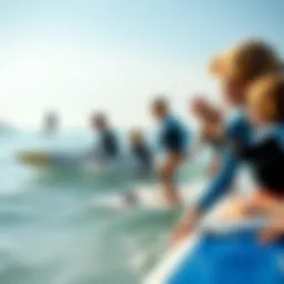 A family enjoying surfing lessons on a sunny beach