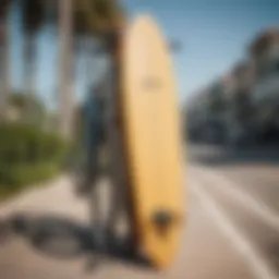 A stylish surfboard bike rack holding a longboard