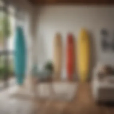 Stylish Presentation of Surfboards in Contemporary Spaces Elegant surfboard display in a modern living room