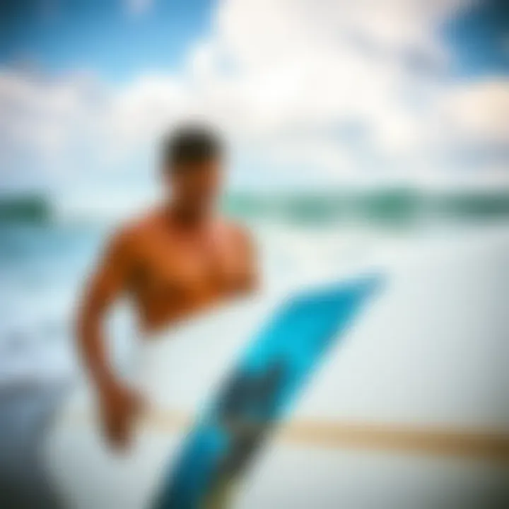 A surfer inspecting a patched surfboard before heading out