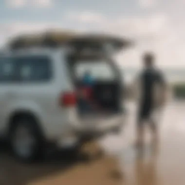 Surfer loading a hard case surfboard bag into a vehicle