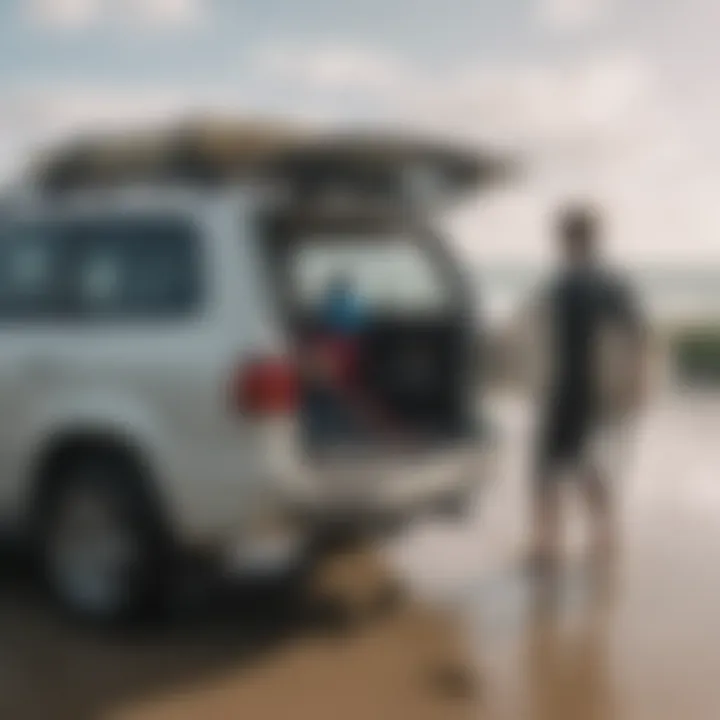 Surfer loading a hard case surfboard bag into a vehicle