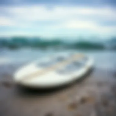 Weathered Surfboard on the Shore A weathered surfboard washed ashore, showcasing the passage of time and nature's elements