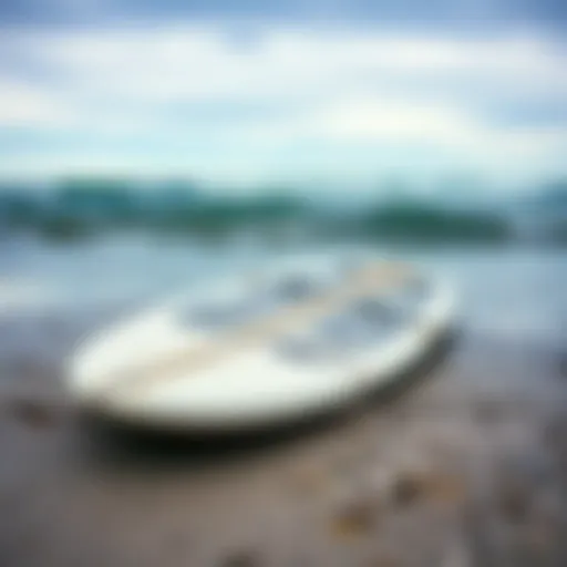 Weathered Surfboard on the Shore A weathered surfboard washed ashore, showcasing the passage of time and nature's elements