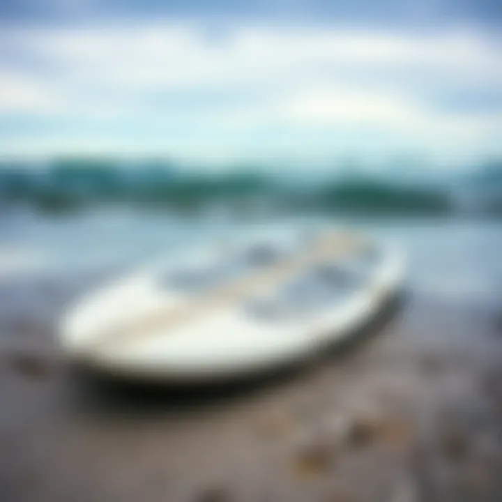 Weathered Surfboard on the Shore A weathered surfboard washed ashore, showcasing the passage of time and nature's elements