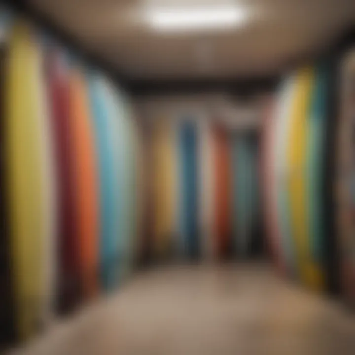 An artistic display of surfboards in a vibrant surf shop, reflecting the surf culture.