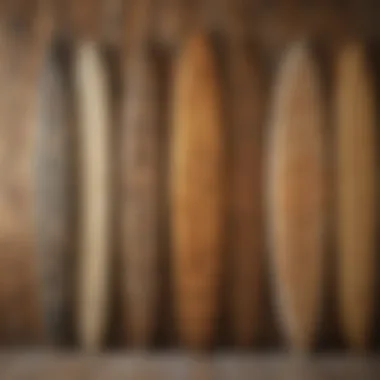 A beautifully designed surfboard mounted on a rustic wall, showcasing its artistic patterns.