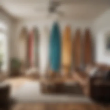 An elegantly decorated living room featuring surfboards as a focal point of the interior design.