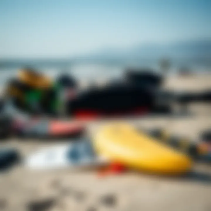 Kiteboarding equipment laid out on the shore