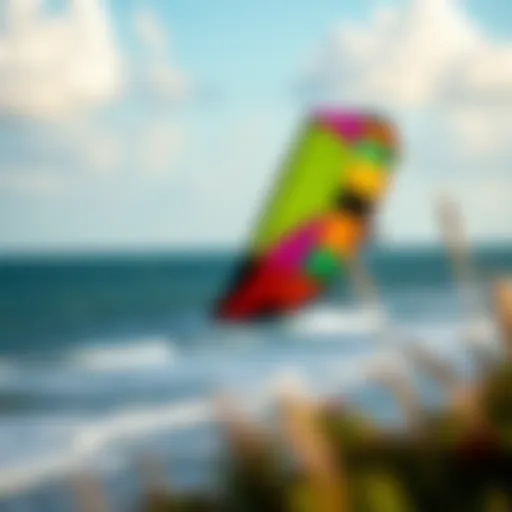 Vibrant kite soaring over the Outer Banks coast