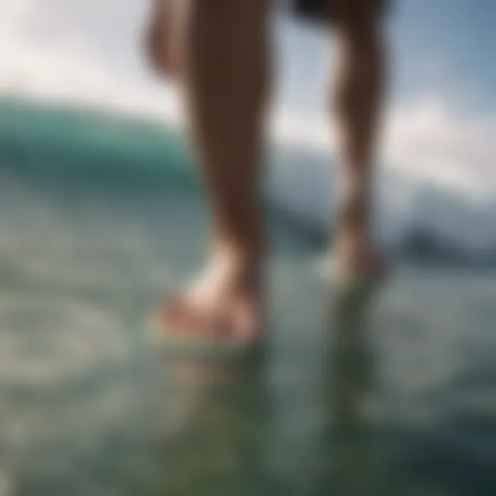 Close-up of a surfboard and feet showcasing the importance of stance