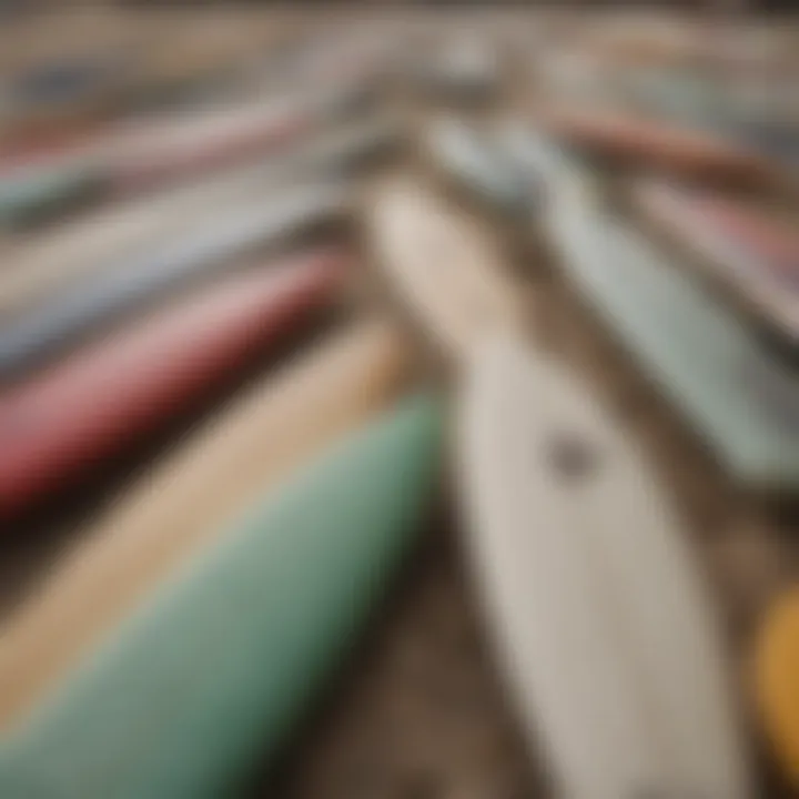 A close-up view of various surfboard materials