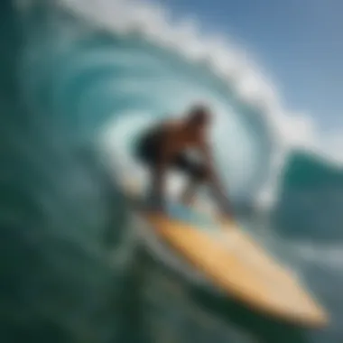 Close-up of a surfboard carving through the water