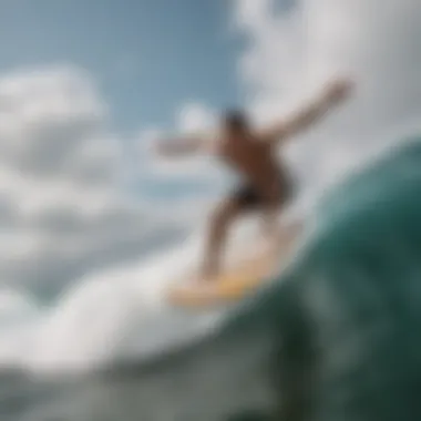 A dynamic shot of an athlete performing a trick while skimboarding on a wave