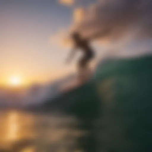 A skimboard gliding over the surface of the water with a backdrop of vibrant sunset