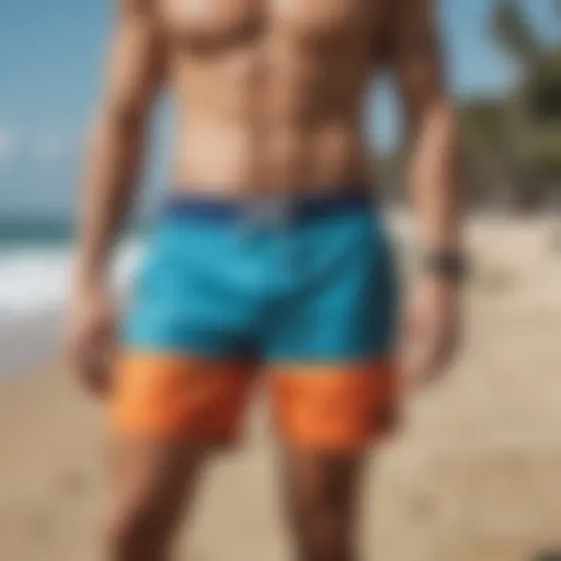 Vibrant board shorts displayed on a beach setting