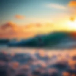 Sunset over a pristine beach with surfers catching waves