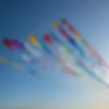 A stunning display of various foil kites in vibrant colors soaring against a clear blue sky.