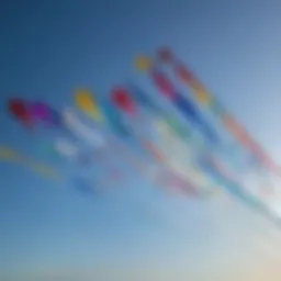 A stunning display of various foil kites in vibrant colors soaring against a clear blue sky.