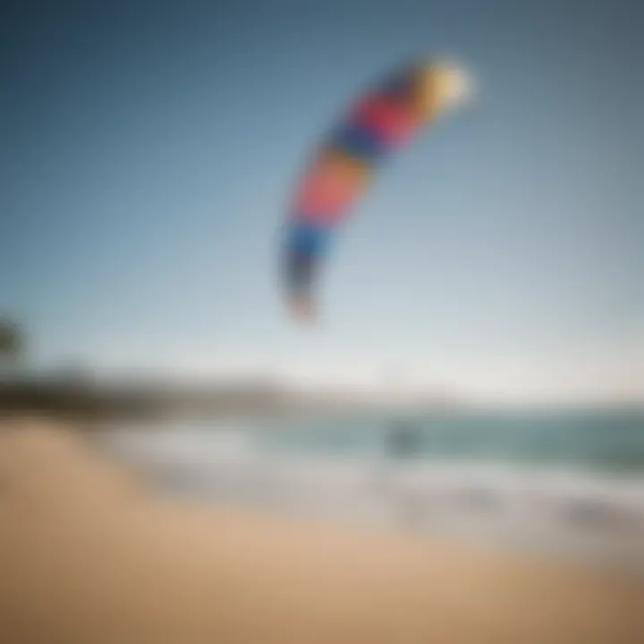 A serene beach scene with kiteboarders showcasing their skills while using different types of foil kites.