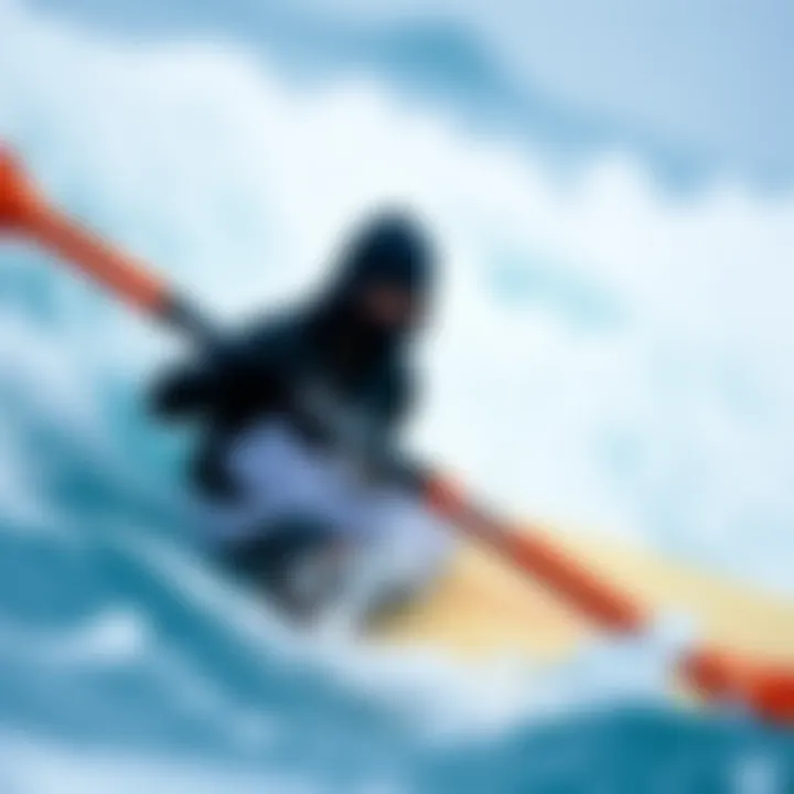 A surfer wearing surf mittens paddling through cold waves