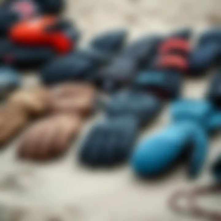 An assortment of surf mittens laid out to illustrate design features