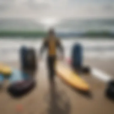 Safety gear laid out for surfing preparation