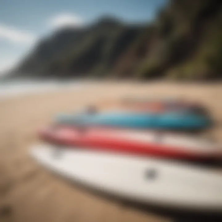 A variety of surfboards displayed on a sandy beach