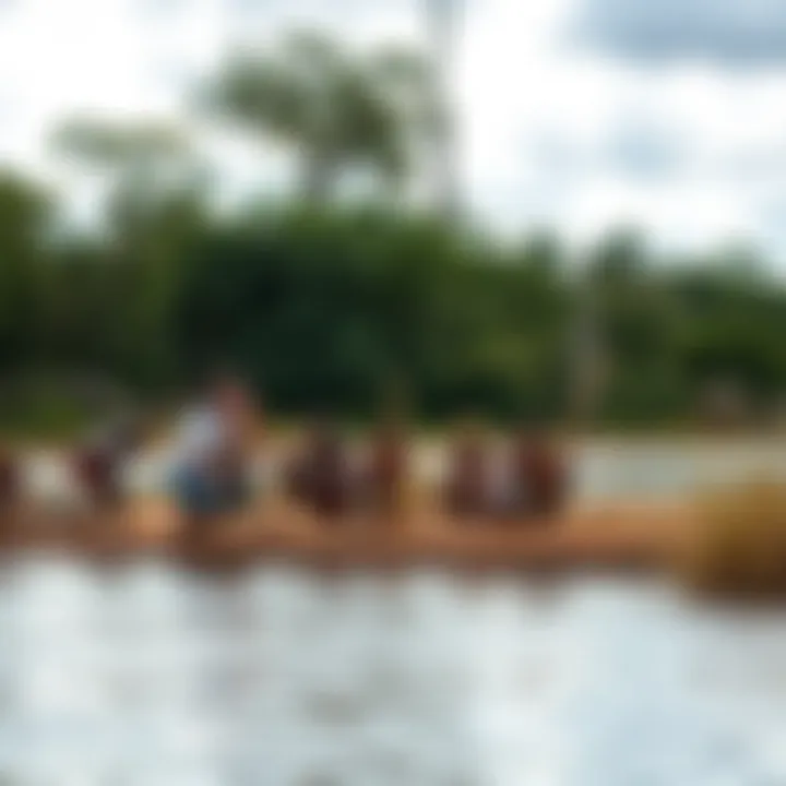 Indigenous community engaging in traditional practices near a billabong