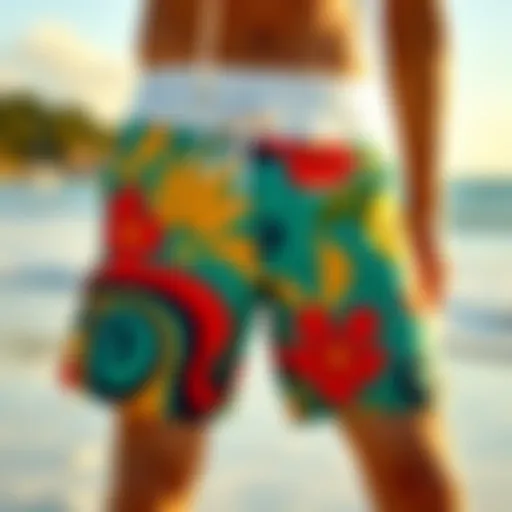 Stylish Board Shorts by the Shore Vibrant board shorts displayed on a beach