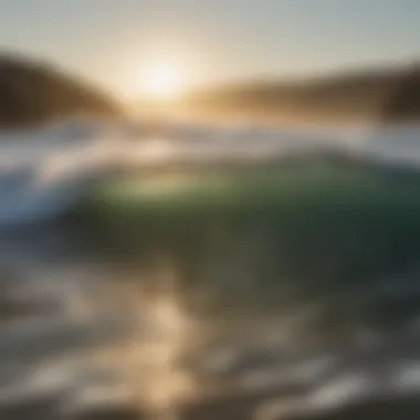 Ocean waves reflecting sunlight with surfers in the background