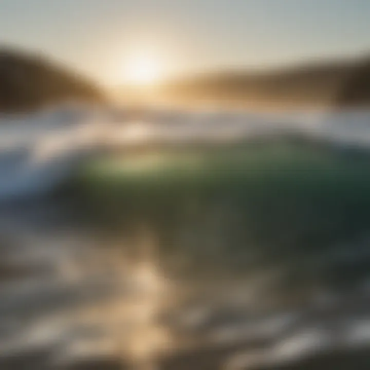 Ocean waves reflecting sunlight with surfers in the background