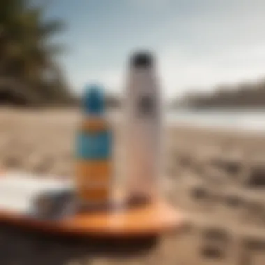 Surfboard on the beach with sunscreen products beside it