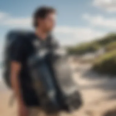 A kitesurfer packing a backpack with gear, highlighting the ease of use.