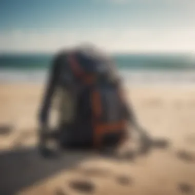 A stylish kitesurf backpack on the beach, showcasing its design and colors.