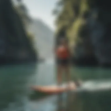 An athlete using a life jacket while paddleboarding in calm waters