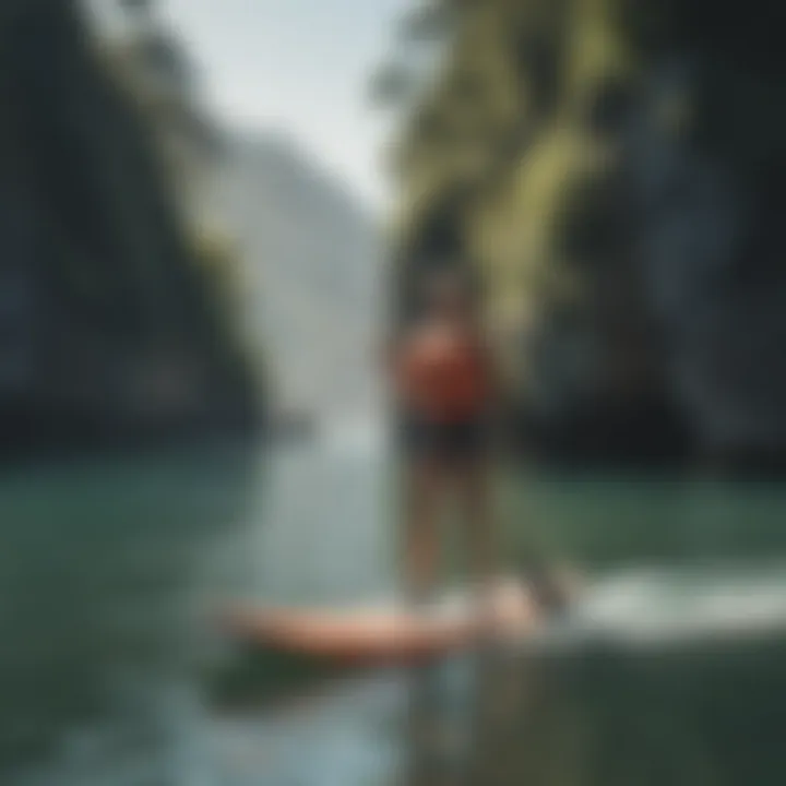 An athlete using a life jacket while paddleboarding in calm waters