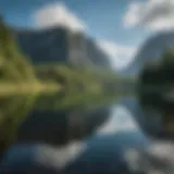 A serene lake reflecting mountains under blue skies