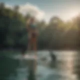 Wide and stable paddle board on calm water