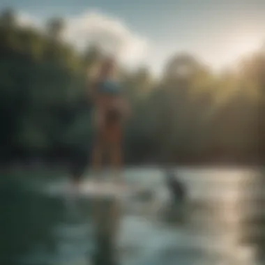 Wide and stable paddle board on calm water